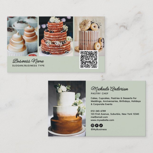 Bakery/Chef/Catering 4-Photo QR Code Modern Script Business Card (Front/Back)