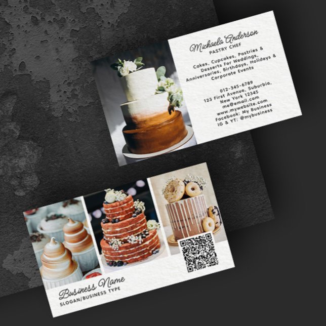 Bakery/Chef/Catering 4-Photo QR Code Modern Script Business Card (Creator Uploaded)