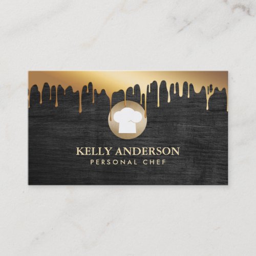 Bakery Chef Catering Modern Gold Drips Wood Business Card