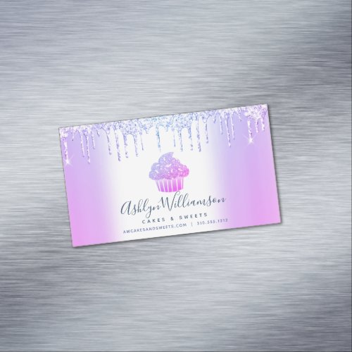Bakery Chef Cupcake Purple Blue Chic Glitter Drips Business Card Magnet