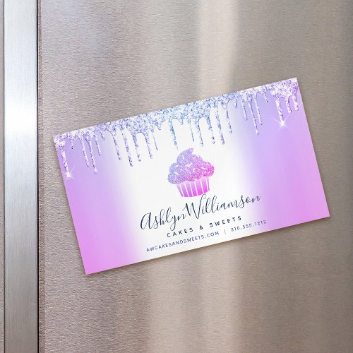 Bakery Chef Cupcake Purple Blue Chic Glitter Drips Business Card Magnet