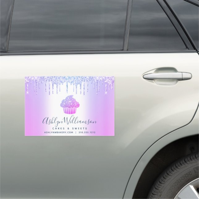 Bakery Chef Cupcake Purple Blue Chic Glitter Drips Car Magnet (In Situ)