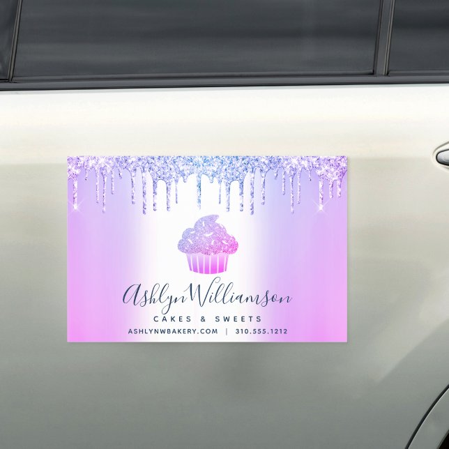 Bakery Chef Cupcake Purple Blue Chic Glitter Drips Car Magnet (Creator Uploaded)
