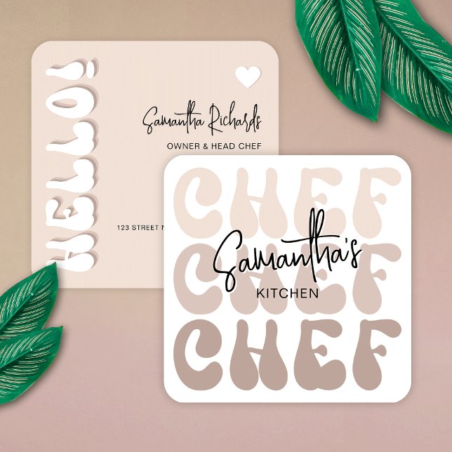 Bakery Chef Trendy Retro Beige Modern Catering Square Business Card (Catering business cards in trendy retro style in pastel beige colors and groovy fonts)