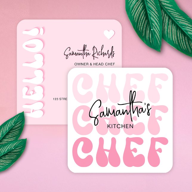 Bakery Chef Trendy Retro Pink Girly Catering Square Business Card (Catering business cards in girly pink colors with retro fonts and trendy layout)