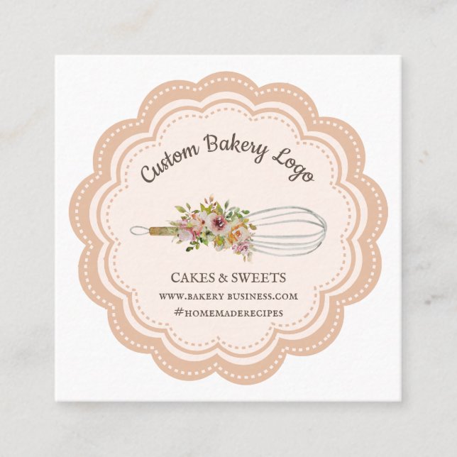Bakery Chef Whisk Flower Square Business Card (Front)