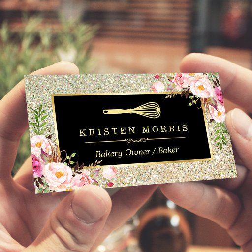 Customizable Bakery Chef Whisk Logo | Floral Gold Glitter Business Card
