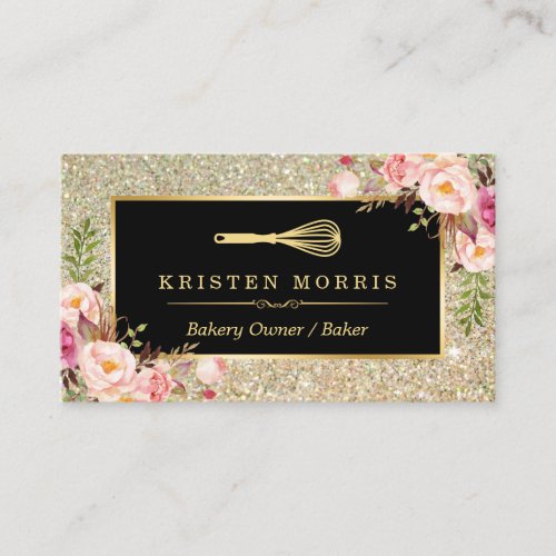 Bakery Chef Whisk Logo | Floral Gold Glitter Business Card