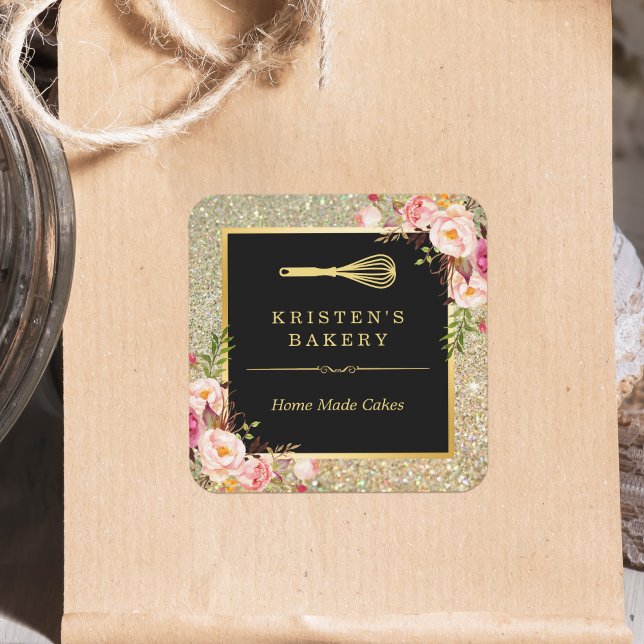 Bakery Chef Whisk Logo | Floral Gold Glitter Square Sticker (Creator Uploaded)