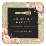 Bakery Chef Whisk Logo | Floral Gold Glitter Square Sticker