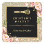 Bakery Chef Whisk Logo | Floral Gold Glitter Square Sticker Bakery Chef Whisk Logo | Floral Gold Glitter Square Sticker