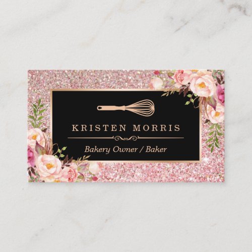 Bakery Chef Whisk Logo  Floral Rose Gold Glitter Business Card