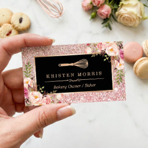 Bakery Chef Whisk Logo   Floral Rose Gold Glitter Business Card