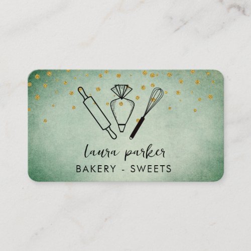 Bakery Chef  Whisk Rolling Pin Piping Bag Green Business Card