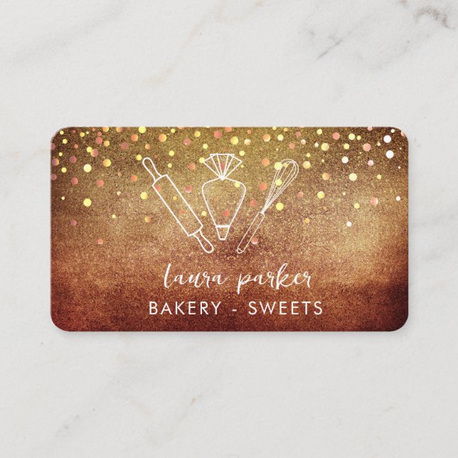 Bakery Chef with Whisk Rolling Pin Piping Bag Gold Business Card (Front)