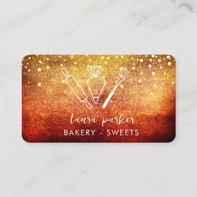 Bakery Chef with Whisk Rolling Pin Piping Bag Gold Business Card (Front)