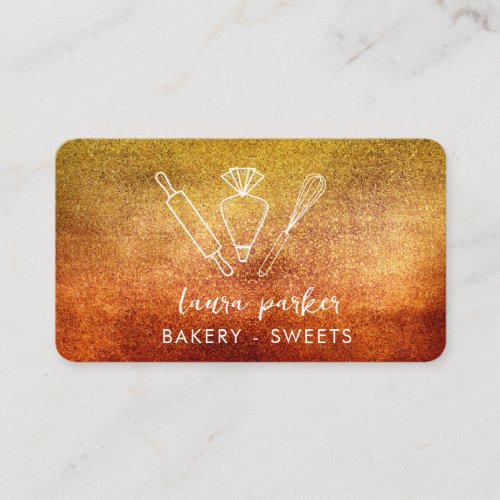 Bakery Chef with Whisk Rolling Pin Piping Bag Gold Business Card