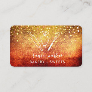 Bakery Chef with Whisk Rolling Pin Piping Bag Gold Business Card