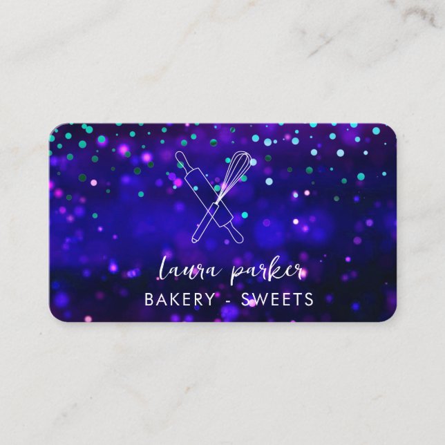 Bakery Chef with Whisk Rolling Pin Purple Blue Business Card (Front)
