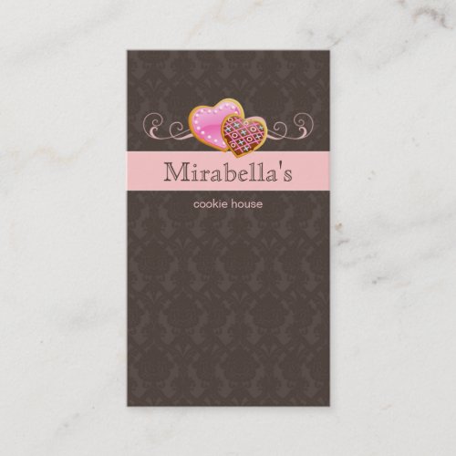 Bakery Cookie Cute Damask Swirl Pink Brown Business Card Template