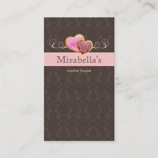 Customizable Bakery Cookie Cute Damask Swirl Pink Brown Business Card Template