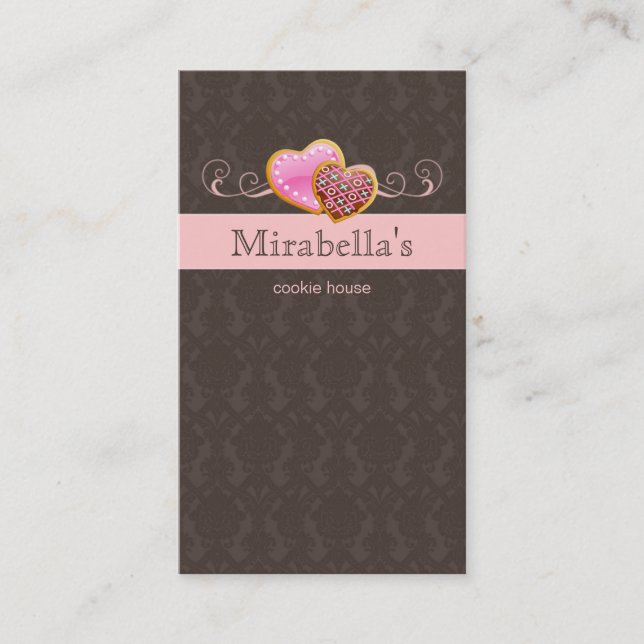 Bakery Cookie Cute Damask Swirl Pink Brown Business Card (Front)