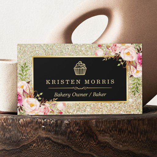 Customizable Bakery Cupcake Logo | Floral Gold Glitter Sparkles Business Card
