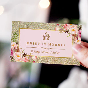 Bakery Cupcake Logo   Floral Pink Gold Glitter Business Card