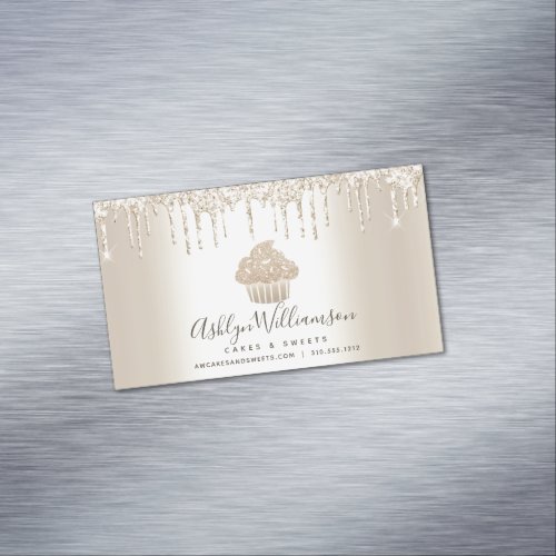 Bakery Cupcake Pastry Chef Chic Gold Glitter Drips Business Card Magnet