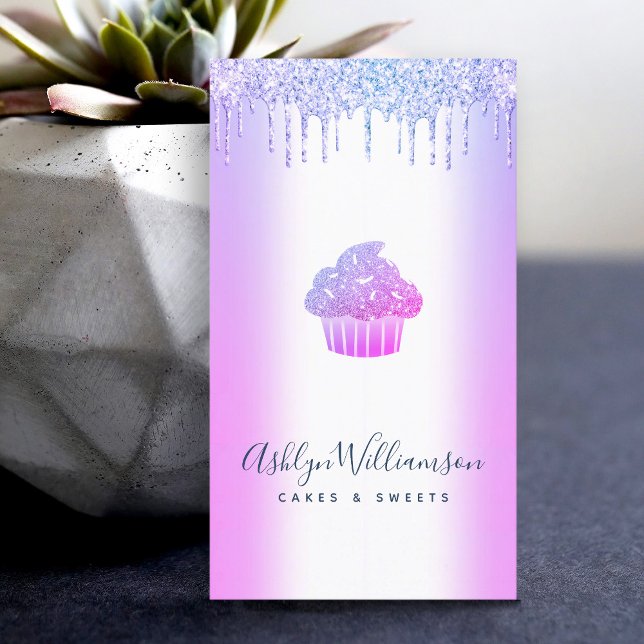 Bakery Cupcake Pastry Chef Purple Glitter Drips Business Card (Creator Uploaded)