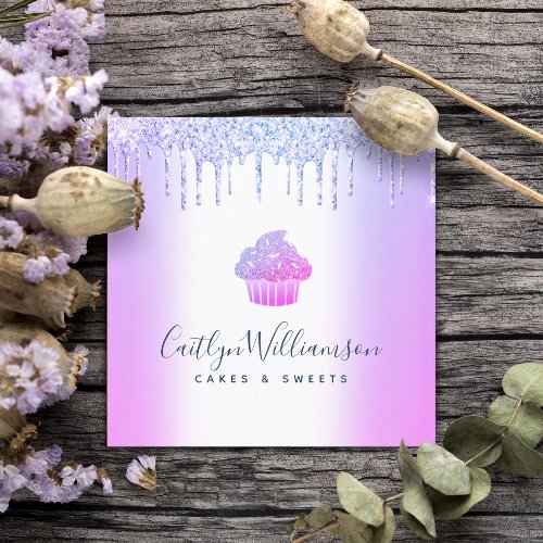 Bakery Cupcake Pastry Chef Purple Glitter Drips Square Business Card