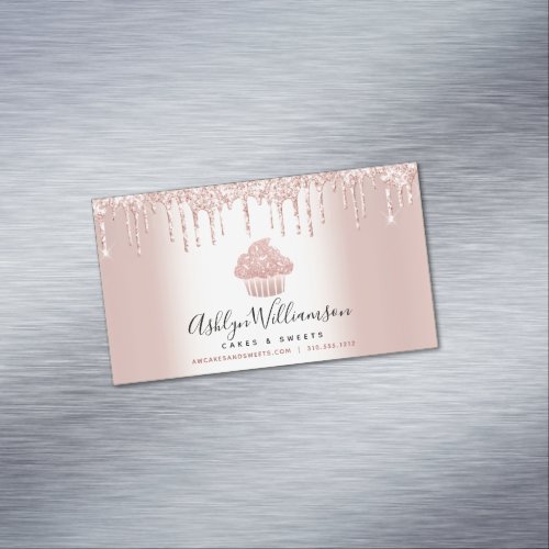 Bakery Cupcake Pastry Chef Rose Gold Glitter Drips Business Card Magnet