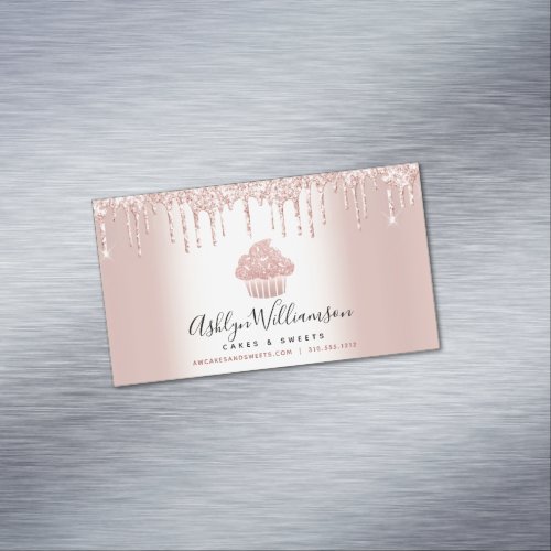 Bakery Cupcake Pastry Chef Rose Gold Glitter Drips Business Card Magnet