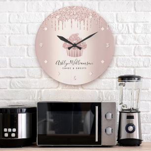 Bakery Cupcake Pastry Chef Rose Gold Glitter Drips Large Clock
