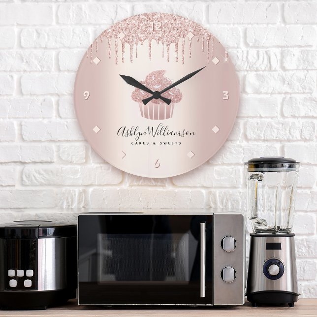 Bakery Cupcake Pastry Chef Rose Gold Glitter Drips Large Clock (Creator Uploaded)