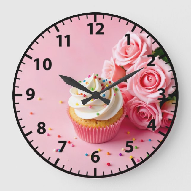 Bakery Cupcake Pink Roses Baked Goods Foodie Large Clock (Front)