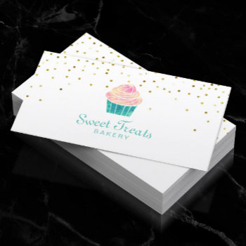 Bakery Cupcake Sweet Treats Gold Confetti Business Card by cardfactory at Zazzle