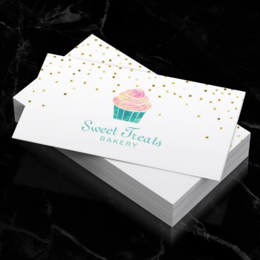 Customizable Bakery Cupcake Sweet Treats Gold Confetti Business Card