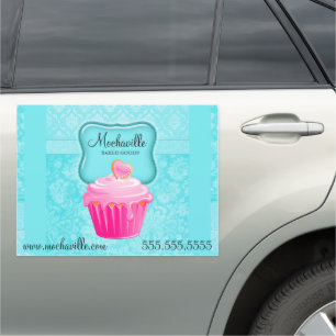 Bakery Cupcake Vintage Damask Aqua Car Magnet