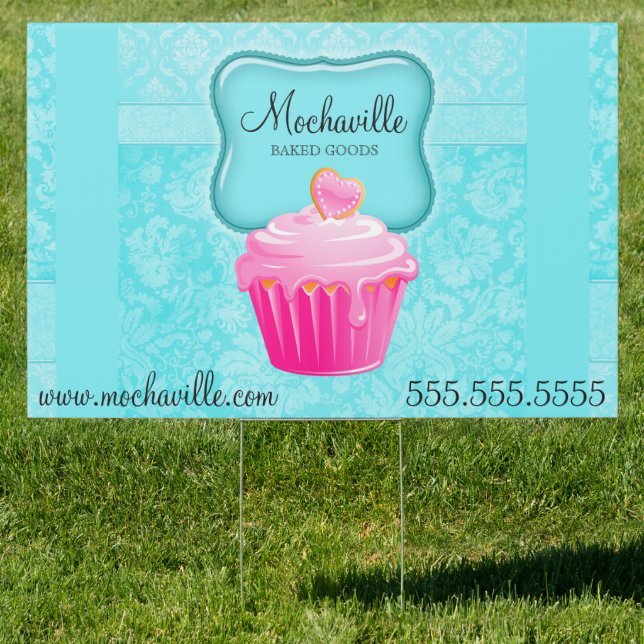 Bakery Cupcake Vintage Damask Aqua yard sign. Sign (Insitu)