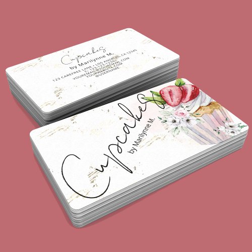 Bakery Cupcakes Gold Pink Floral Business Card