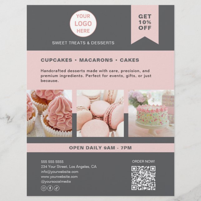 Bakery Custom Logo Gray Pink Flyer (Front)
