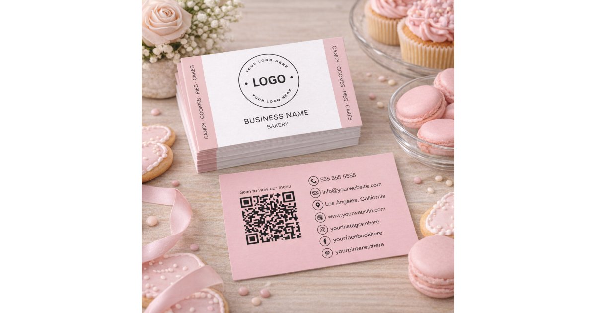 Bakery Custom Logo QR Code Blush Pink Business Card | Zazzle