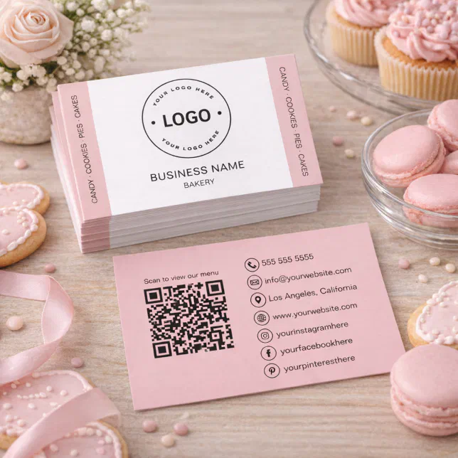 Bakery Custom Logo QR Code Blush Pink Business Card | Zazzle