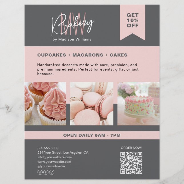 Bakery Custom Monogram Logo Gray Pink Flyer (Front)