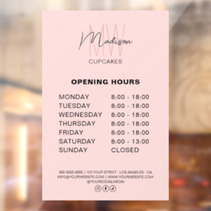 Bakery Custom Monogram Logo Pink Opening Hours Window Cling