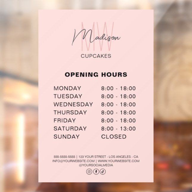 Bakery Custom Monogram Logo Pink Opening Hours Window Cling (Sheet 2)