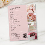 Bakery Custom Photo QR Social Media Icons Menu Flyer<br><div class="desc">Promote your bakery or cake shop with this sleek, fully customizable flyer. Featuring a soft pink background and space for four photos to showcase your best treats, this flyer is perfect for highlighting your services and specialties. Add your bakery’s personalized details, including a scannable QR code for easy access to...</div>