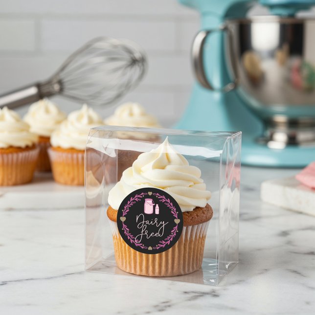 Bakery Dairy Free Milk Jug & Wreath Pink & Black Classic Round Sticker (Bakery Dairy Free Milk Jug & Wreath Pink & Black Classic Round Sticker)