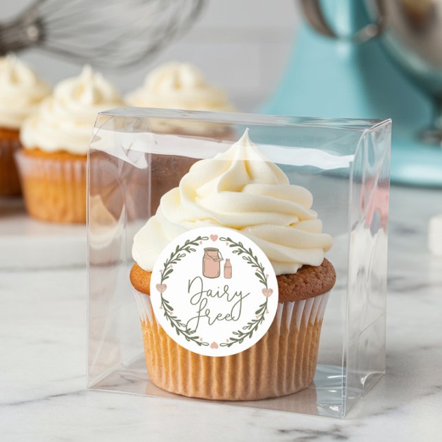 Bakery Dairy Free Milk Jug & Wreath Pink & Green Classic Round Sticker (Bakery Dairy Free Milk Jug & Wreath Pink & Green Classic Round Sticker)